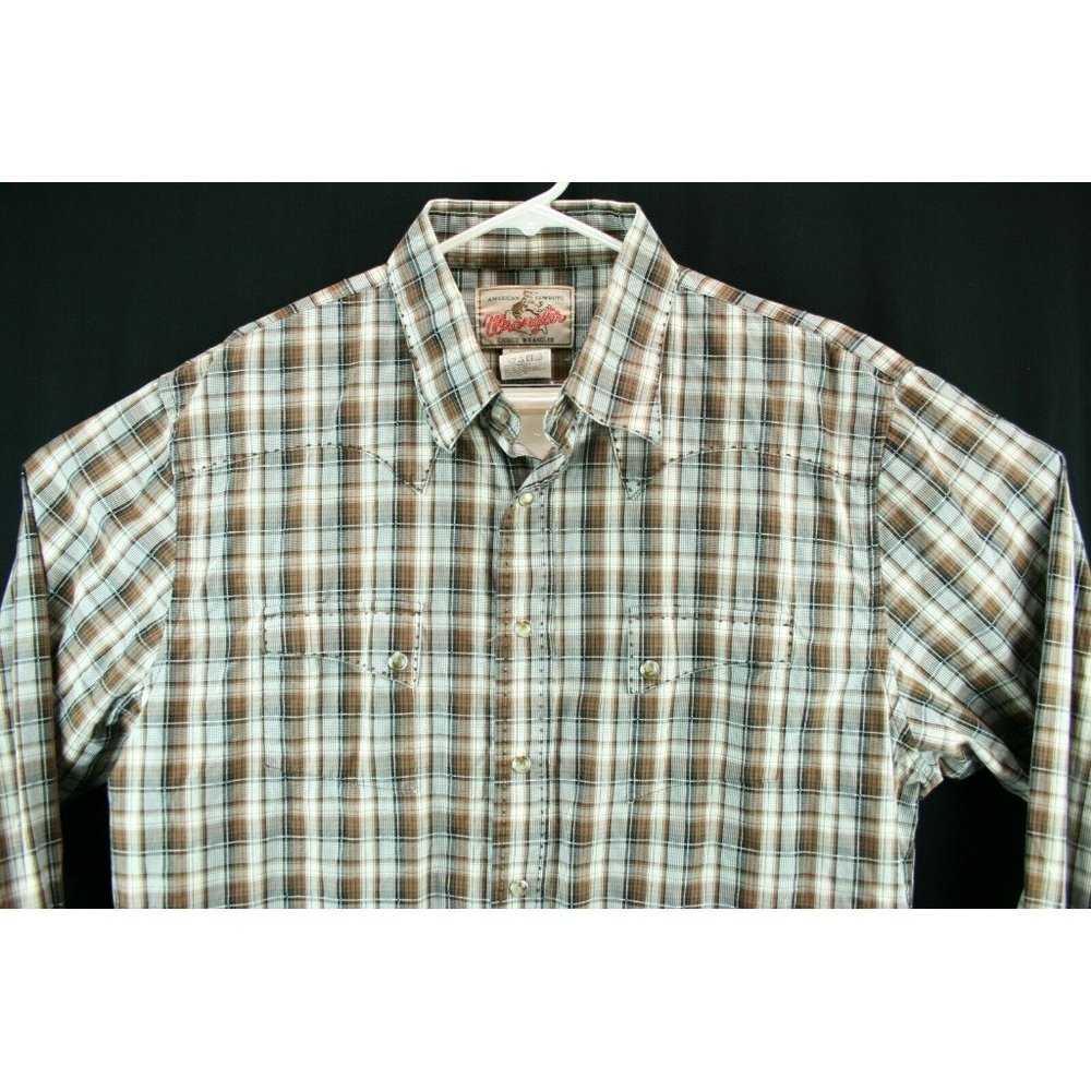 Wrangler Mens Sz XL Shirt Brown Western Plaid Marble Snap Stitch detail - Picture 2 of 10